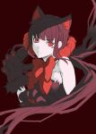  1girl animal_ears animal_hands bangs bare_shoulders black_dress bow bowtie cat_ears cat_paws closed_mouth commentary_request danganronpa_(series) danganronpa_v3:_killing_harmony dress fur-trimmed_dress fur_trim harukawa_maki highres long_hair low_twintails mole mole_under_eye official_alternate_costume ore_sensei red_background red_bow red_bowtie red_eyes red_scrunchie scrunchie sidelocks simple_background solo twintails 