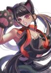 1girl animal_ears animal_hands bangs bare_shoulders black_dress black_hair bow bowtie breasts cat_ears cat_girl cat_paws cat_tail danganronpa_(series) danganronpa_v3:_killing_harmony dress fangs foca_(sello20582612) hair_ornament hair_scrunchie harukawa_maki highres long_hair looking_at_viewer medium_breasts mole mole_under_eye open_mouth red_bow red_bowtie red_scrunchie scrunchie shiny shiny_hair simple_background solo tail teeth white_background 