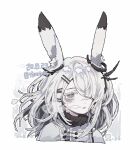  1girl animal_ears arknights breath dated ear_ornament frostnova_(arknights) grey_eyes grey_hair grey_jacket hair_ornament hair_over_one_eye hairclip jacket jaggy_lines long_hair one_eye_covered parted_lips portrait rabbit_ears rabbit_girl scar scar_on_face scar_on_nose simple_background solo thurim6 twitter_username white_background 
