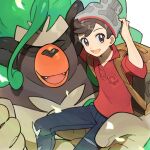  1boy :d bangs beanie brown_eyes brown_hair cable_knit carrying commentary_request denim grey_headwear happy hat highres jeans male_focus open_mouth pants pokemon pokemon_(creature) pokemon_(game) pokemon_swsh rata_(m40929) red_shirt rillaboom shirt short_hair sleeves_rolled_up smile suitcase swept_bangs tongue torn_clothes torn_jeans torn_pants victor_(pokemon) white_background 