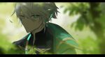  1boy alhaitham_(genshin_impact) aqua_eyes bangs blurry blurry_foreground c3t_gg cape closed_mouth day genshin_impact grey_hair hair_between_eyes highres leaf letterboxed looking_at_viewer male_focus outdoors shoulder_cape solo upper_body 