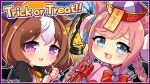  2girls @_@ agnes_digital_(lovely_jiangshi)_(umamusume) agnes_digital_(umamusume) animal_ears blue_eyes brown_hair chibi double_bun hair_bun halloween highres horse_ears horse_girl jiangshi lantern looking_at_viewer meisho_doto_(dot-o&#039;-lantern)_(umamusume) meisho_doto_(umamusume) multicolored_hair multiple_girls nihudau official_alternate_costume ofuda open_mouth pink_hair streaked_hair trick_or_treat umamusume violet_eyes 