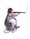  1girl absurdres bags_under_eyes bangs black_hair blue_archive blue_eyes blue_hairband brown_cardigan cardigan closed_mouth crossed_legs di_le_to firing full_body gun hairband halo highres holding holding_gun holding_weapon long_hair long_sleeves low_twintails neckerchief open_cardigan open_clothes profile signature simple_background sitting skirt slippers smoke solo twintails ui_(blue_archive) very_long_hair weapon white_background white_skirt 
