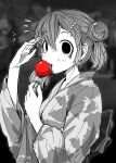  1girl 4shi bags_under_eyes bangs bitten blurry blurry_background commentary_request dango-chan_(4shi) dango_hair_ornament fang floral_print food-themed_hair_ornament food_bite from_side greyscale hair_between_eyes hair_bun hair_ornament hairclip hands_up highres holding hollow_eyes japanese_clothes kendama kimono long_sleeves looking_at_viewer looking_to_the_side monochrome original people print_kimono sash short_hair skin_fang solo spot_color summer_festival translation_request upper_body wide_sleeves yukata 