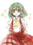  1girl aged_down ascot child collared_shirt dress female_child green_hair highres kazami_yuuka medium_hair plaid plaid_dress plaid_skirt plaid_vest red_eyes red_skirt red_vest shirt simple_background skirt solo tama_(hiroshige_36) touhou vest white_background yellow_ascot 