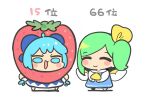  2girls ahoge ascot bangs barefoot blue_bow blue_dress blue_eyes blue_hair blush blush_stickers bow chibi cirno closed_eyes closed_mouth collared_shirt commentary_request daiyousei dress fairy_wings food fruit full_body green_hair hair_between_eyes hair_ribbon highres ice ice_wings long_sleeves moyazou_(kitaguni_moyashi_seizoujo) multiple_girls numbered one_side_up open_mouth puffy_long_sleeves puffy_sleeves ribbon shirt short_hair short_sleeves simple_background smile strawberry touhou v-shaped_eyebrows white_background white_shirt wings yellow_ascot yellow_ribbon 