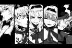  5girls alice_margatroid balenciaguy bangs bois_de_justice bow bowtie capelet cigar cigarette closed_eyes closed_mouth column_lineup commentary_request constricted_pupils cookie_(touhou) dies_irae expressionless frilled_hairband frilled_necktie frills greyscale grin hair_between_eyes hairband hat hinase_(cookie) holding holding_cigar ichigo_(cookie) jigen_(cookie) looking_at_viewer monochrome multiple_girls neckerchief necktie open_mouth sakuranbou_(cookie) shaded_face sharp_teeth shinza_bansho_series short_hair smile smoking taisa_(cookie) teeth touhou upper_body 