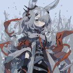  1girl animal_ears arknights armband bangs black_gloves black_thighhighs coat cowboy_shot ear_ornament frostnova_(arknights) gloves grey_coat grey_eyes grey_hair grey_shirt grey_sky hair_ornament hair_over_one_eye hairclip jaggy_lines long_hair one_eye_covered open_clothes open_coat outdoors rabbit_ears rabbit_girl reunion_logo_(arknights) rubble scar scar_on_face scar_on_nose shirt solo thigh-highs thurim6 