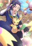  1boy :d adaman_(pokemon) arm_wrap bangs blue_coat blue_hair blush closed_eyes coat commentary_request day drifblim drifloon eyebrow_cut green_hair hand_up hand_wraps haru_(haruxxe) highres leafeon male_focus multicolored_hair open_mouth outdoors pokemon pokemon_(creature) pokemon_(game) pokemon_legends:_arceus ponytail smile tongue 
