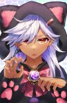  1boy absurdres animal_costume animal_ears bangs bow bowtie cyno_(genshin_impact) dark-skinned_male dark_skin earrings fang genshin_impact grey_hair highres hwaen jewelry long_hair long_sleeves male_focus open_mouth red_eyes vision_(genshin_impact) white_hair 