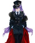  1girl absurdres aiguillette alternate_costume bangs black_necktie cape closed_mouth collared_shirt expressionless fur-trimmed_cape fur_trim genshin_impact hair_ears hair_over_one_eye hands_in_pockets hat highres keqing_(genshin_impact) long_hair long_sleeves looking_at_viewer military military_hat military_uniform necktie purple_hair reki_(user_rcrd4534) shirt simple_background solo twintails two-sided_cape two-sided_fabric uniform violet_eyes white_background white_shirt wing_collar 