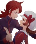  1boy 1girl bad_id bad_twitter_id blush brown_eyes brown_hair cabbie_hat enamo_(dcah) eye_contact hat highres jacket looking_at_another lyra_(pokemon) open_mouth overalls pokemon pokemon_(game) pokemon_hgss red_eyes redhead silver_(pokemon) twintails upper_body white_background 