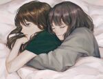  2girls bad_id bad_twitter_id bangs black_shirt brown_hair grey_eyes grey_shirt hug long_hair long_sleeves multiple_girls original pillow shirt short_sleeves spooning under_covers upper_body utsuwa0120 yuri 