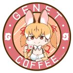  1girl animal_costume animal_ear_fluff animal_ears bow bowtie brown_eyes brown_hair cat_ears cat_girl ce_bluelizard closed_mouth coffee coffee_mug cup extra_ears hair_ribbon highres holding holding_cup japari_symbol kemono_friends kemono_friends_v_project large-spotted_genet_(kemono_friends) long_hair looking_at_viewer mug multicolored_hair parody red_ribbon ribbon romaji_commentary round_image shirt simple_background smile solo split_mouth suspenders twintails twitter_username virtual_youtuber 