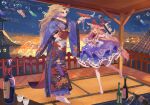  2girls :d bottle chain closed_eyes cuffs cup full_body highres holding holding_cup horns hoshiguma_yuugi ibuki_suika japanese_clothes kimono lantern long_hair low-tied_long_hair multiple_girls night novadada oni_horns sakazuki sake_bottle shackles single_horn skirt smile touhou 