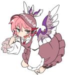  1girl animal_ears bird_ears bird_wings blush brown_dress brown_headwear clothes_writing dress earrings fang frilled_dress frilled_sleeves frills grey_eyes hat ini_(inunabe00) jewelry long_sleeves mystia_lorelei open_mouth pink_hair short_hair simple_background single_earring skin_fang smug solo touhou white_background white_wings wide_sleeves winged_hat wings 