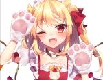  1girl ;d animal_ears animal_hands black_choker blonde_hair cat_ears chisiro_unya_(unya_draw) choker collarbone crystal flandre_scarlet gloves hair_ribbon heart looking_at_viewer maid_headdress one_eye_closed one_side_up open_mouth paw_gloves puffy_short_sleeves puffy_sleeves red_eyes red_ribbon ribbon short_sleeves simple_background smile solo touhou upper_body white_background wings 