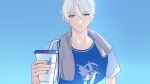  1boy blue_eyes closed_mouth collarbone gradient gradient_background highres honkai_(series) honkai_impact_3rd kevin_kaslana looking_at_another looking_at_viewer male_focus manboygxg simple_background smile solo white_hair 