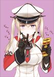  1girl absurdres black_gloves blonde_hair breasts capelet gloves graf_zeppelin_(kancolle) haribo hat highres kantai_collection kutouten large_breasts licorice_(food) military military_hat military_uniform sidelocks solo sweat twintails uniform upper_body violet_eyes 