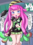  1girl bag baseball_cap black_shirt blue_eyes blush clenched_hands clownfish commentary_request drooling fish gradient_hair green_hair green_skirt harmony&#039;s_clownfish_(splatoon) harmony_(splatoon) hat highres long_hair looking_at_viewer low-tied_long_hair miniskirt multicolored_hair open_mouth pink_hair shirt short_sleeves skirt splatoon_(series) splatoon_3 striped striped_headwear t-shirt tama_nya tentacle_hair thigh_gap thighs translation_request two-tone_hair 