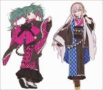  2girls :d arms_up bangs black_kimono black_pantyhose blue_eyes blue_nails green_hair hair_between_eyes hakusai_(tiahszld) hand_up hatsune_miku headphones japanese_clothes kimono long_sleeves looking_at_viewer looking_back megurine_luka multicolored_hair multiple_girls nail_polish pantyhose pink_hair plaid_kimono purple_hair purple_kimono safety_pin shoes simple_background sleeves_past_wrists smile standing two-tone_hair violet_eyes vocaloid white_background white_footwear wide_sleeves 
