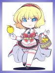  1girl alice_margatroid apple basket black_skirt blonde_hair blue_eyes border cape closed_mouth commission cosplay elbow_gloves food fried_rice0614 fruit full_body gloves golden_apple hairband highres idunn_(megami_tensei) idunn_(megami_tensei)_(cosplay) jewelry looking_at_viewer pendant purple_border red_hairband short_hair simple_background skeb_commission skirt smile solo thigh-highs touhou white_background white_gloves white_thighhighs 