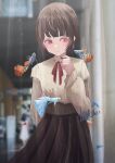  2girls absurdres bangs blurry blurry_background blush brown_hair brown_skirt fish floating hand_up highres ikanoshiokara indoors jewelry looking_to_the_side multiple_girls necklace original pleated_skirt scenery sidelocks skirt solo_focus standing violet_eyes 