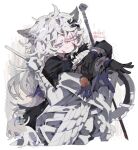  1girl ahoge animal_ears arknights black_gloves black_jacket dated gloves grey_hair hair_ornament hairclip half-closed_eyes highres jacket jaggy_lines lappland_(arknights) lappland_(refined_horrormare)_(arknights) long_hair looking_at_viewer messy_hair official_alternate_costume simple_background smile solo sword thurim6 twitter_username weapon white_background wolf_ears wolf_girl 