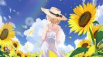  1girl alternate_costume blonde_hair blue_eyes blue_sky clouds dress field flower flower_field hat highres hololive hololive_english landacdeus looking_at_viewer looking_back petals short_hair sky smile solo straw_hat summer sundress sunflower virtual_youtuber watson_amelia white_dress 