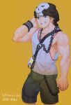  1boy arm_behind_head beanie bitou_daisukenojou blonde_hair blue_eyes chain clenched_hand fanny_pack green_shorts grin hat heiyao highres jewelry looking_at_viewer male_focus necklace shirt short_hair shorts skull_print sleeveless smile subarashiki_kono_sekai sweatband tank_top toned toned_male wallet_chain white_tank_top wristband yellow_background 