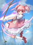  1girl absurdres arrow_(projectile) bow bow_(weapon) bubble_skirt choker commentary_request gloves grin hair_bow high_heels highres hinasuzu69 holding holding_bow_(weapon) holding_weapon kaname_madoka kneehighs looking_at_viewer magical_girl mahou_shoujo_madoka_magica pink_bow pink_eyes pink_hair puffy_short_sleeves puffy_sleeves red_choker red_footwear ribbon_choker short_hair short_sleeves short_twintails signature skirt smile socks solo teeth twintails weapon white_gloves white_socks 