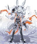  1girl animal_ear_fluff animal_ears arknights black_gloves black_thighhighs coat crater ear_ornament frostnova_(arknights) full_body gloves grey_eyes grey_hair grey_shirt hair_ornament hairclip jaggy_lines long_hair one_eye_covered open_clothes open_coat rabbit_ears rabbit_girl scar scar_on_face scar_on_nose shirt solo standing thigh-highs thurim6 white_coat 