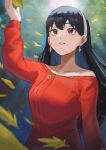 1girl bangs black_hair collarbone commentary earrings emknov hairband highres jewelry leaf long_sleeves off-shoulder_shirt off_shoulder red_eyes red_shirt shirt solo spy_x_family upper_body white_hairband yor_briar 