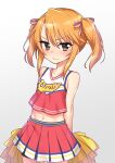  1girl angry arms_behind_back bangs black_eyes blush check_commentary cheerleader collarbone commentary_request cowboy_shot female_child frown hair_ribbon heebee highres idolmaster idolmaster_cinderella_girls looking_at_viewer medium_hair midriff navel orange_eyes pleated_skirt pom_pom_(cheerleading) print_shirt red_shirt red_skirt ribbon shirt shorts shorts_under_skirt sidelocks skirt solo tank_top thighs twintails v-shaped_eyebrows white_background yuuki_haru 