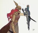  1girl armor cape closed_mouth covered_eyes dress elden_ring gaa_(mesimori_gaa) helmet holding holding_weapon long_hair malenia_blade_of_miquella mechanical_arms prosthesis prosthetic_arm red_cape redhead simple_background single_mechanical_arm sword tarnished_(elden_ring) very_long_hair weapon winged_helmet 