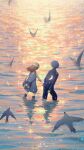  1boy 1girl artist_name bag bird highres holding_hands maoi moon ocean original sunset wading white_bird wreath 