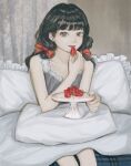  1girl bad_id bad_twitter_id bangs black_hair bow curtains dress feet_out_of_frame food fruit grey_dress grey_eyes hair_bow holding holding_food indoors long_hair looking_at_viewer original parted_lips pillow red_bow red_nails shadow smile solo strawberry utsuwa0120 