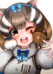  1girl animal_costume animal_ear_fluff animal_ears bow bowtie brown_hair chipmunk_costume chipmunk_ears chipmunk_girl extra_ears highres hikarikmy kemono_friends kemono_friends_v_project microphone multicolored_hair one_eye_closed open_mouth ribbon scarf shirt short_hair siberian_chipmunk_(kemono_friends) simple_background smile vest virtual_youtuber white_hair 