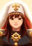  1girl adepta_sororitas armor brown_eyes brown_hair commentary commission english_commentary facial_mark habit highres lutherniel orders_hospitaller portrait signature smile solo warhammer_40k 