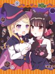  2girls :d :o absurdres akamatsu_kaede animal_ears animal_hands bangs black_dress black_hair black_headwear blonde_hair blush bow bowtie breasts candy cat_ears cat_paws danganronpa_(series) danganronpa_v3:_killing_harmony detached_collar dress food ghost hair_ornament halloween_costume hana_no_yo harukawa_maki hat highres holding holding_wand large_breasts long_hair looking_at_another low_twintails multiple_girls musical_note musical_note_hair_ornament open_mouth pink_eyes red_bow red_bowtie red_scrunchie scrunchie shiny shiny_hair smile sweatdrop twintails wand witch_hat 
