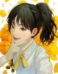  1girl absurdres black_eyes black_hair commentary earrings flower hand_up highres jewelry lipstick looking_at_viewer makeup original ponytail pose ribbon shirt solo stud_earrings symbol-only_commentary upper_body white_background white_shirt yellow_flower yellow_ribbon yomii_ba_chu 