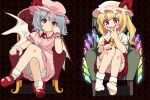  2girls arm_support armchair ascot bangs bat_wings blonde_hair blue_hair bobby_socks bow breasts buttons chair closed_mouth collared_dress collared_shirt commentary_request crossed_legs crystal dress eyes_visible_through_hair fangs finger_to_mouth flandre_scarlet footwear_bow frilled_hat frilled_sleeves frills full_body hat hat_bow knees_up looking_at_viewer mary_janes medium_hair mob_cap multiple_girls one_side_up open_mouth petticoat pink_dress pink_eyes puffy_sleeves red_bow red_eyes red_nails red_skirt red_vest remilia_scarlet shirt shoes short_hair single_wrist_cuff sitting skirt small_breasts smile socks teeth touhou upper_teeth v_over_mouth vest white_shirt white_socks wings wrist_cuffs yamase yellow_ascot 