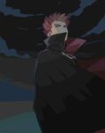  1boy black_cape cape clouds commentary_request grey_eyes lance_(pokemon) looking_down male_focus night outdoors pokemon pokemon_(game) pokemon_hgss popped_collar redhead short_hair sky solo spiky_hair twitter_username y_(036_yng) 