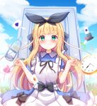  1girl ace_of_clubs ace_of_spades apron bangs baram black_bow black_hair black_headwear black_ribbon blonde_hair blue_dress blue_sky bottle bow card closed_mouth clouds club_(shape) collared_dress commentary_request door dress frilled_apron frills green_eyes hair_ribbon hands_up hat hat_removed headwear_removed heart highres looking_at_viewer mononobe_alice nijisanji outdoors playing_card pocket_watch puffy_short_sleeves puffy_sleeves ribbon roman_numeral short_sleeves sky smile solo spade_(shape) top_hat virtual_youtuber watch white_apron 