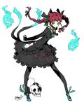  1girl :&gt; animal_ears bell blue_fire bow braid cat_ears cat_tail collar dress extra_ears fire forked_tail full_body highres hitodama kaenbyou_rin madiblitz neck_bell nekomata red_eyes redhead ribbon skull solo tail touhou twin_braids 