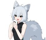  1girl :d ahoge animal_ears bad_link bangs bare_arms black_eyes black_shirt chorefuji commentary_request eating food food_on_face fox_ears fox_girl fox_tail grey_hair hair_between_eyes hands_up happy holding holding_food notice_lines onigiri open_mouth original rice rice_on_face shirt short_hair simple_background sleeveless sleeveless_shirt smile solo tail upper_body white_background 