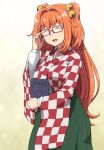  1girl aged_up bell blush book checkered_clothes checkered_kimono closed_eyes glasses green_skirt hair_bell hair_ornament holding holding_book japanese_clothes jingle_bell kimono long_hair long_sleeves motoori_kosuzu open_mouth orange_hair red-framed_eyewear shirosato skirt smile solo touhou twintails two_side_up wide_sleeves 