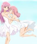  2girls alternate_hairstyle bangs barefoot character_request closed_mouth dress feet gradient gradient_background hair_down highres kaname_madoka kinfuji long_hair mahou_shoujo_madoka_magica multiple_girls open_mouth pink_eyes pink_hair simple_background smile white_dress yuri 