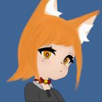  absurdres animal_ears bell bow close-up commentary_request eye_contact facing_viewer fluffy fox_girl highres looking_at_another looking_at_viewer non-web_source orange_eyes orange_hair red_bow short_hair simple_background upper_body 