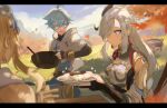 1boy 2girls absurdres aqua_hair bangs black_bodysuit blonde_hair blue_eyes blurry blurry_foreground blush bodysuit braid braided_ponytail breast_curtains breasts c3t_gg chongyun_(genshin_impact) clouds commentary_request cooking_pot day detached_sleeves flower flying_sweatdrops food genshin_impact grey_hair hair_between_eyes hair_ornament hair_over_one_eye highres holding hood hood_down leaf letterboxed long_hair lumine_(genshin_impact) medium_breasts mountain multiple_girls outdoors shenhe_(genshin_impact) sky sparkle white_flower 
